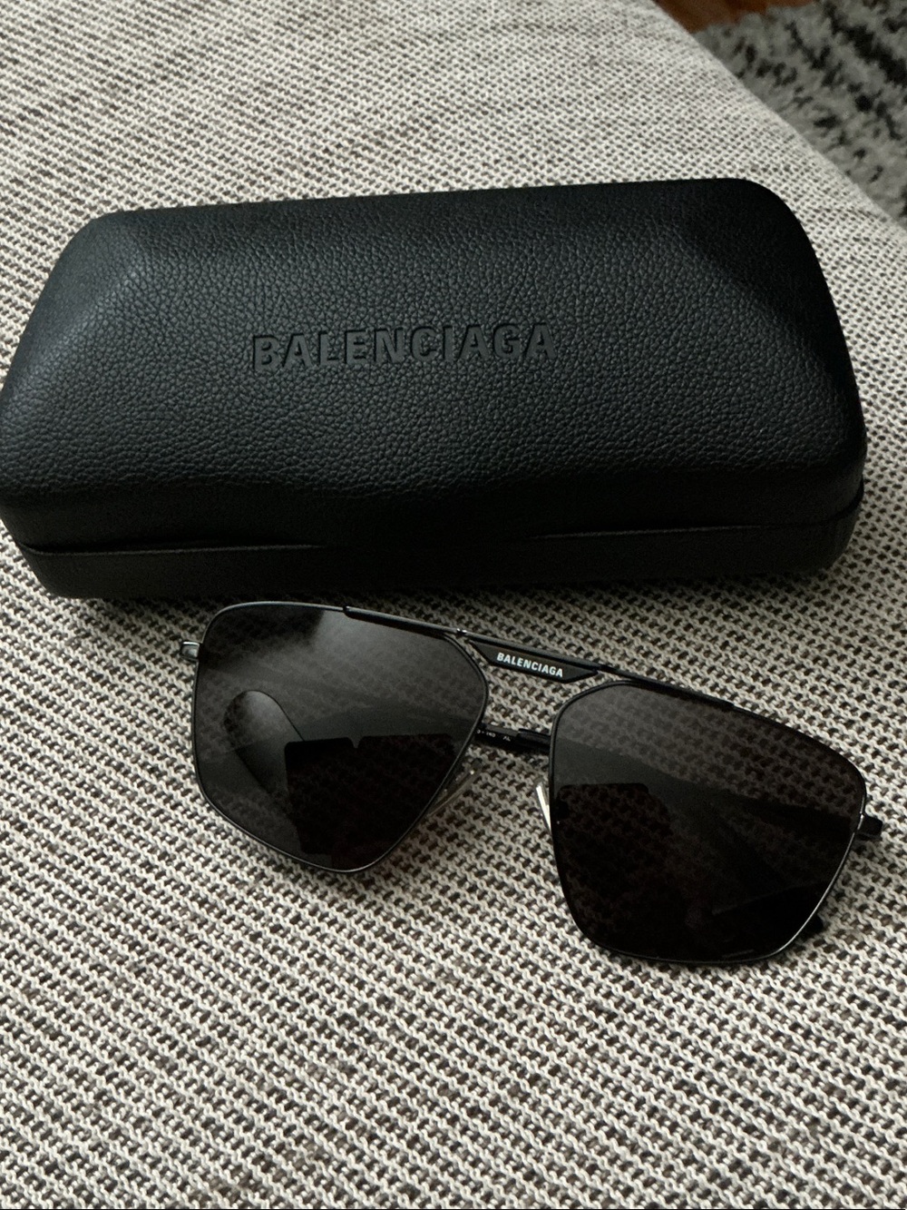 Balenciaga Black Aviator Sunglasses with Embossed Case